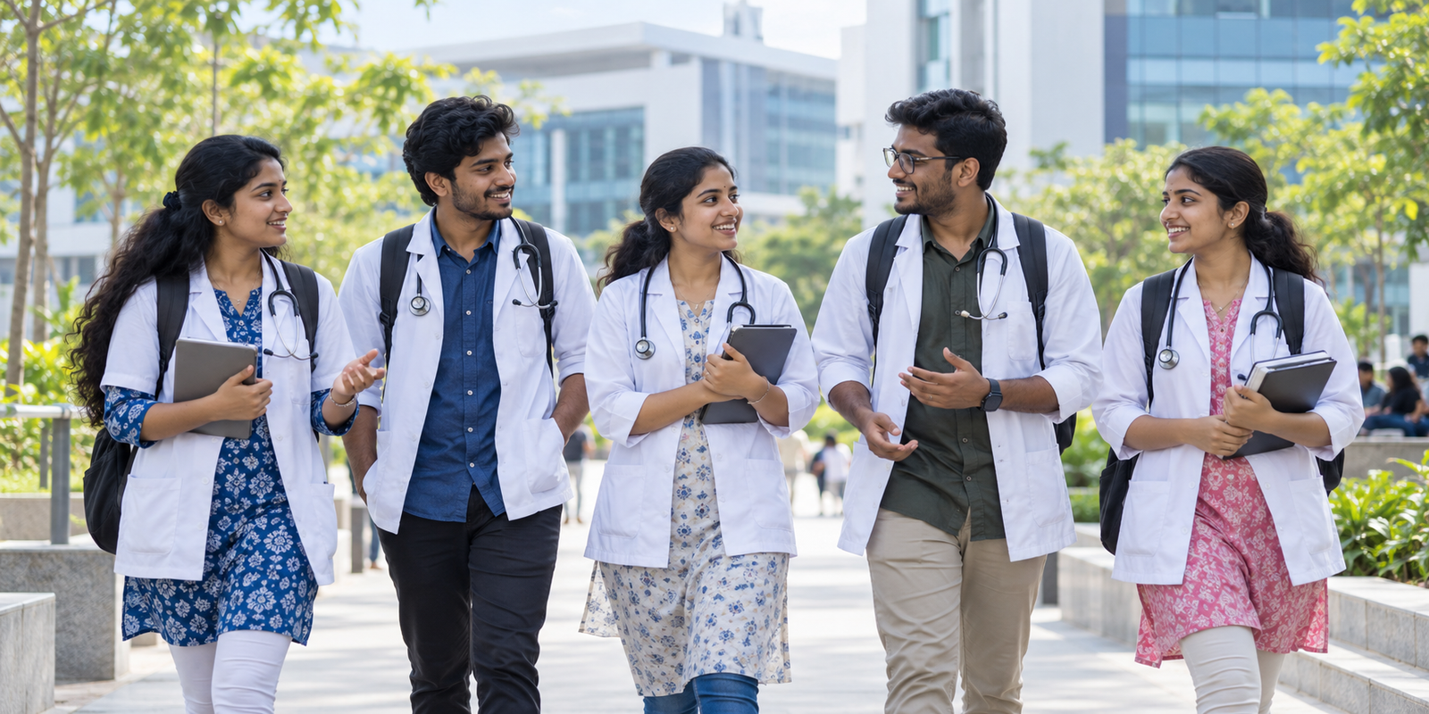 South Indian medical students walking together on a university campus