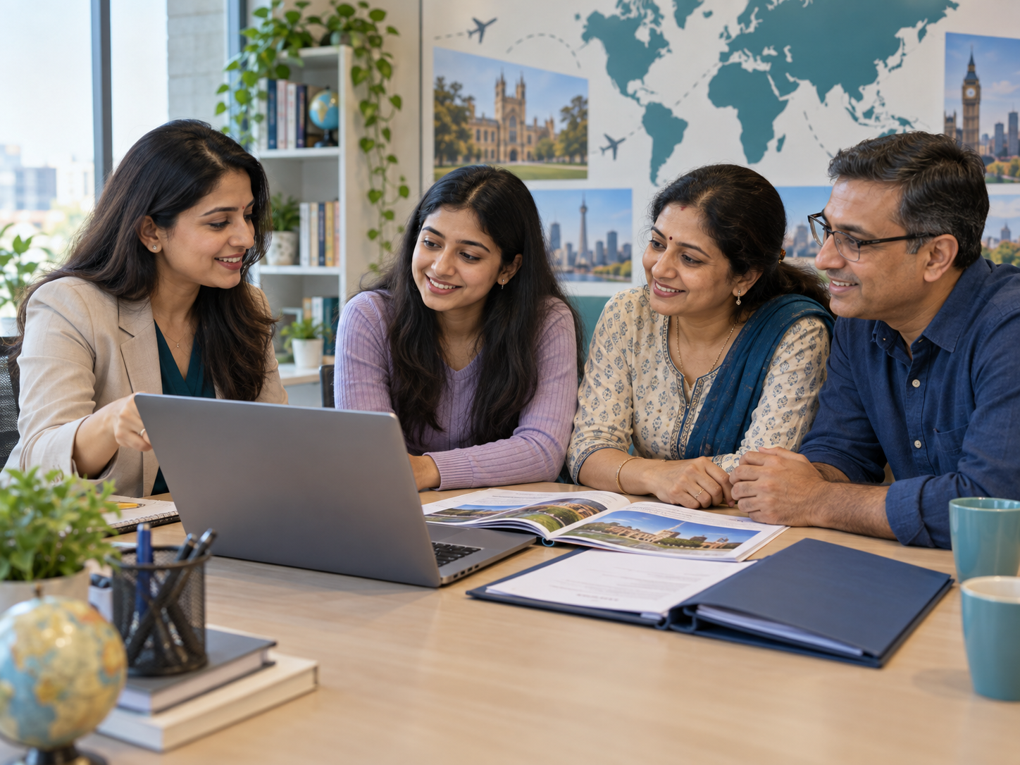 An Indian education counsellor discussing overseas study applications with a student and parents